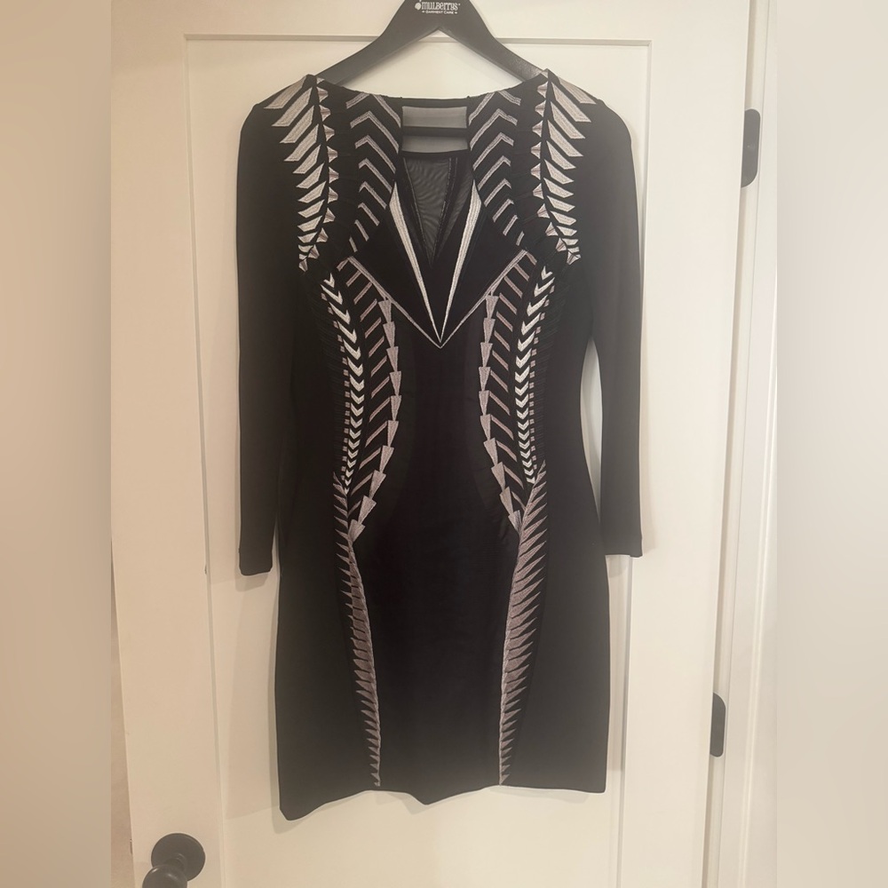 Karen Millen Black and Silver/gray Body-con Patterned Dress